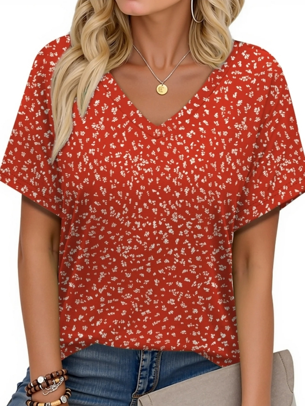 V-Neck Casual Red & White Print Top Size 3X